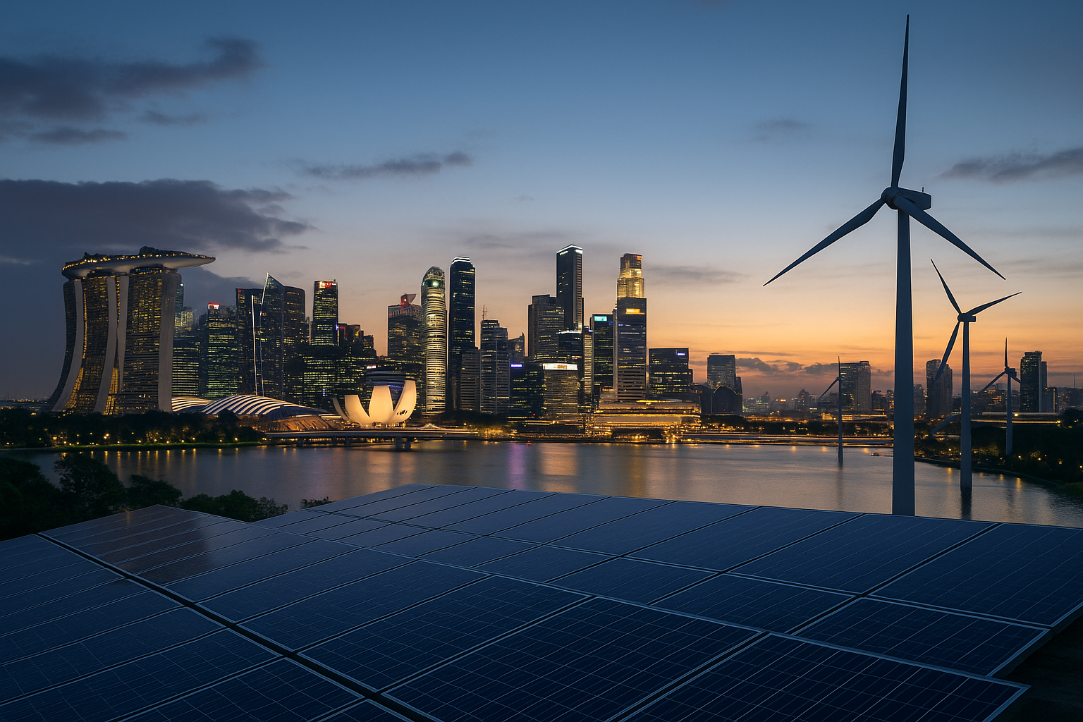 Modern Asian cityscape with renewable energy infrastructure